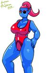  angstrom blue_body breasts clothed clothing dworven_(artist) eye_patch eyewear fish marine monster one-piece_swimsuit red_eyes swimsuit undertale undyne video_games 