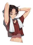  androgynous armpits arms_up bracelet brown_eyes brown_hair crop_top highres jewelry male_focus midriff navel original solo sweat towel upper_body wadani_hitonori wet 