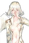  alternate_hair_color angel_wings arm_at_side bangs beige_jacket breasts hair_between_eyes hand_over_face highres jacket kishin_sagume long_sleeves looking_to_the_side navel open_clothes open_jacket red_eyes scar seastar short_hair single_wing small_breasts solo stomach touhou upper_body wings 