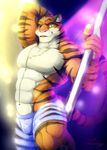  2016 abs anthro big_muscles black_fur bulge chest_tuft clothed clothing disney feline fur green_eyes hand_behind_head looking_at_viewer male mammal muscular muscular_male navel one_eye_closed open_mouth orange_fur pecs pink_nose pole raised_arm red_dragon_roar shorts solo standing stripes stripper_tiger_(zootopia) tiger topless tuft white_fur wink zootopia 