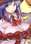  breasts capelet frills hat large_breasts long_sleeves looking_at_viewer nagae_iku open_mouth purple_hair red_eyes shawl smile solo touhou umigarasu_(kitsune1963) upper_body 