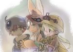  1boy 1girl 1other ambiguous_gender animal_ears blonde_hair blush brown_eyes brown_gloves brown_hair collarbone eyebrows_visible_through_hair furry glasses gloves green_eyes helmet long_hair looking_at_another made_in_abyss nanachi_(made_in_abyss) parted_lips pith_helmet regu_(made_in_abyss) riko_(made_in_abyss) semi-rimless_eyewear short_hair short_sleeves smile tail tsukushi_akihito under-rim_eyewear white_hair yellow_eyes 