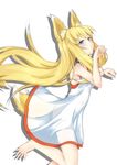  absurdres animal_ears bare_shoulders barefoot blonde_hair blue_eyes blush breasts cero-z collar covered_navel dress fingernails fox_ears fox_tail highres long_fingernails long_hair long_toenails looking_at_viewer original paw_pose sharp_fingernails sharp_toenails sideboob small_breasts solo tail toenails twitter_username white_background 