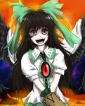  :d arm_cannon bird_wings black_hair black_wings bow brooch cape crazy_eyes eyeball fangs gem hair_bow jewelry jpeg_artifacts long_hair looking_at_viewer open_mouth pan-ooh red_eyes reiuji_utsuho shaded_face short_sleeves smile solo teeth third_eye touhou upper_body weapon wings 