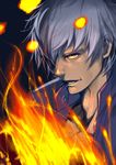  akisa_(12023648) dark_skin dark_skinned_male fire jacket k' looking_at_viewer male_focus open_mouth pyrokinesis red_eyes solo the_king_of_fighters white_hair 