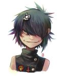  a-ka bad_id bad_pixiv_id badge blood bullet_hole buttons cross cross_necklace cuts cyborg_noodle_(gorillaz) gorillaz green_eyes grin hair_over_one_eye injury jewelry necklace shirt short_hair sleeveless sleeveless_shirt smile solo teeth 