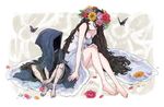  barefoot breasts brown_hair butterfly cleavage dress flowers hoodie long_hair original petals rose sachy_(sachichy) scar 