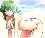  ;q all_fours alternate_costume banned_artist bare_shoulders beach bikini blush breasts cleavage collarbone commentary_request day frog_hair_ornament green_eyes green_hair hair_ornament hair_tubes kochiya_sanae large_breasts licking_lips long_hair looking_at_viewer one_eye_closed smile snake_hair_ornament solo swimsuit tongue tongue_out touhou tsukiriran white_bikini 