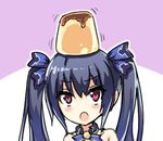  bad_id bad_pixiv_id balancing black_hair food hexun6 long_hair lowres neptune_(series) noire open_mouth pudding red_eyes solo twintails 