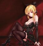  bare_shoulders black_dress black_legwear blonde_hair blush bow breasts bridal_gauntlets cleavage collarbone detached_sleeves dress elbow_gloves full_body garter_straps gloves hair_bow high_heels highres knee_up knees_up large_breasts long_hair looking_at_viewer misaki_kurehito_(style) mizuhara_erika original ponytail red_eyes short_dress sitting sleeveless sleeveless_dress solo strapless strapless_dress thighhighs zettai_ryouiki zombie-andy 