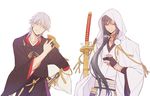  \m/ black_gloves black_hair cosplay costume_switch gloves grin hood japanese_clothes katana male_focus masami05071541 multiple_boys ootachi partly_fingerless_gloves ponytail smile sword tarou_tachi touken_ranbu tsurumaru_kuninaga weapon white_hair yellow_eyes 