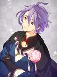  blue_eyes checkered checkered_background crossed_arms flower japanese_clothes kasen_kanesada male_focus masami05071541 petals purple_hair smile solo touken_ranbu upper_body 