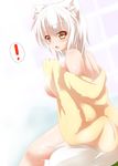  1girl animal_ears bad_id bad_pixiv_id blush breasts commentary_request hajime_(ak-r) inubashiri_momiji large_breasts naked_towel open_mouth sideboob silver_hair solo spoken_exclamation_mark tail touhou towel wet wolf_ears wolf_tail yellow_eyes 