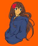  artist_request bangs blue_eyes blue_sweater brown_hair female hair_ornament hands_in_pockets hood hoodie long_hair looking_to_the_side orange_background simple_background solo source_request sweater upper_body 