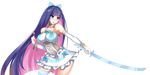  blue_eyes blush bow breasts candy covered_nipples dress eyebrows_visible_through_hair food frills hair_bow hevn highres holding holding_candy holding_sword holding_weapon large_breasts left-handed lollipop long_hair multicolored_hair panty_&amp;_stocking_with_garterbelt pink_eyes purple_hair simple_background single_thighhigh solo stocking_(psg) striped striped_legwear sword thighhighs two-tone_hair weapon white_background 