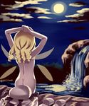  ass back clothes_removed cloud curly_hair douji fairy_wings from_behind full_moon hat hat_removed headwear_removed long_hair luna_child moon moonlight night night_sky nude reflection rock shoes_removed sky slippers solo thighs touhou tree twitter_username water waterfall wings wrist_grab 
