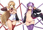  2girls ajishio bikini blonde_hair blush breasts green_eyes long_hair navel open_shirt purple_eyes purple_hair shirt swimsuit thighhighs tie tsurumaki_maki twintails vocaloid voiceroid yuzuki_yukari 