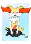  2016 animal_genitalia animal_penis balls biovixy black_fur braixen canine canine_penis ear_tuft erection fox fur girly hi_res knot looking_at_viewer male mammal nintendo open_mouth penis pok&eacute;mon red_eyes simple_background smile solo teeth tongue tuft video_games white_fur yellow_fur 