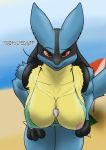  2019 anthro beach big_breasts bikini breasts canid canine canis clothing dialogue english_text female hi_res looking_at_viewer lucario mammal nintendo nipples pok&eacute;mon pok&eacute;mon_(species) seaside solo spikes swimsuit text unusualmatias video_games 