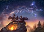  2018 avian brown_scales campfire cloud constellation digital_media_(artwork) dragon feathered_wings feathers feral fire gryphon izora love membranous_wings mountain night_sky red-izak red_feathers ric&#039;axoarrth scales scalie sitting star western_dragon wings 