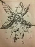  1girl bandai boots breasts digimon fairy fairy_wings female lillymon looking_at_viewer monochrome photo smile solo traditional_media wings zeke_(analogmon) 