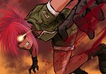  alternate_hair_color blood boots crop_top dark_persona earrings gloves glowing glowing_eyes hair_over_one_eye jewelry kagehi_no_loo leona_heidern long_hair midriff no_pupils orochi_leona pink_hair ponytail red_hair shorts solo the_king_of_fighters 