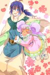  1boy 1girl belt blue_eyes blue_hair blush cape dark_skin dress eyes_closed frills heart keele_zeibel long_hair meredy open_mouth pantyhose ponytail purple_hair shoes tales_of_(series) tales_of_eternia twintails 