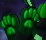  4_toes :3 bioluminescence black_fur digitigrade eeveelution feral foot_focus fur glaceon glowing green_eyes green_fur looking_at_viewer mammal minty_(blizzyglaceon93) nintendo pawpads paws pok&eacute;mon solo space toes trigaroo video_games 