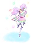  1girl dark_skin dress frills long_hair meredy open_mouth pantyhose pink_hair purple_eyes shoes tales_of_(series) tales_of_eternia twintails 