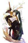  armor black_hair branch bug butterfly cicada dragonfly highres insect japanese_armor japanese_clothes male_focus masami05071541 ootachi ponytail shoulder_armor sode solo sword tarou_tachi touken_ranbu weapon yellow_eyes 