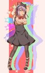  absurdres arms_up bag black_flower black_legwear black_rose blue_eyes blush breasts crossed_arms dagashi_kashi drop_shadow flower food hair_flower hair_ornament hair_ribbon hairband high-waist_skirt highres jojo_no_kimyou_na_bouken jojo_pose large_breasts looking_at_viewer mouth_hold pantyhose parody pastel_colors pocky pose purple_hair ribbon ringed_eyes rose shidare_hotaru short_hair skirt smile solo strappy_heels vycma 