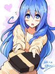  blue_eyes blue_hair blush box breasts cleavage collarbone cu-no dated flying_sweatdrops gift heart heart-shaped_box hisenkaede holding holding_gift kohitsuji_ai long_hair long_sleeves number open_mouth outstretched_arms signature small_breasts solo sweatdrop valentine very_long_hair 