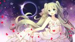  dress eclipse floating_hair green_eyes green_hair hatsune_miku jewelry lichika long_hair necklace open_mouth petals skirt_hold solo strapless strapless_dress twintails upper_body very_long_hair vocaloid 