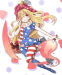  ;d abe_suke american_flag_dress american_flag_legwear bangs blonde_hair clenched_teeth clownpiece eyebrows eyebrows_visible_through_hair fire frilled_shirt_collar frills grin groin hair_ornament hat heart jester_cap long_hair looking_at_viewer neck_ruff one_eye_closed open_mouth pantyhose polka_dot red_eyes shirt short_sleeves simple_background smile solo star star_hair_ornament striped teeth torch touhou v v-shaped_eyebrows very_long_hair 