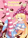  american_flag_dress american_flag_legwear blonde_hair blush closed_eyes clownpiece douji eating food hand_on_own_face happy hat highres jester_cap leg_up long_hair pantyhose pink_background pudding shiny shiny_hair short_sleeves solo touhou typo very_long_hair 