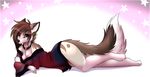  2015 anthro breasts brown_hair canine cleavage clothed clothing collar coyote ear_piercing female hair japanese_clothing kimono looking_at_viewer lying mammal on_front orange_eyes piercing pose skimpy solo star taykoe taykoe_(character) 