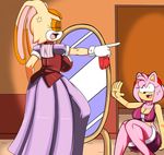  2016 absurd_res amy_rose angry anthro big_breasts blush breasts cleavage clothed clothing dreamcastzx1 duo female hedgehog hi_res inside lagomorph mammal navel rabbit skirt smile sonic_(series) sweat sweatdrop vanilla_the_rabbit video_games 