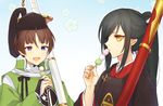  black_hair blue_eyes brown_hair dango eating food hat ishikirimaru japanese_clothes male_focus masami05071541 multiple_boys ootachi open_mouth ponytail sanshoku_dango smile sword tarou_tachi touken_ranbu wagashi weapon yellow_eyes 