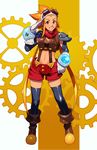  cryamore cryamore_condenser detached_sleeves esmyrelda_maximus freckles gloves goggles goggles_on_head highres long_hair orange_eyes orange_hair pauldrons robert_porter salute sidelocks smile solo spiked_hair thighhighs white_gloves 