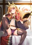  black_legwear blonde_hair book bow bow_panties cagliostro_(granblue_fantasy) cameltoe cape crown feet granblue_fantasy highres long_hair looking_at_viewer md5_mismatch naughty_face navel no_shoes open_book panties pink_eyes purple_panties ribbon-trimmed_panties ribbon_trim sitting smile solo thighhighs toyo_(toyozine2009) underwear 