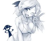  bikini blush breasts cleavage drooling fang freckles hair_ribbon katharine_ohare large_breasts liar_lawyer monochrome multiple_girls one_eye_closed open_mouth ponytail ribbon sakomizu_haruka saliva silhouette_demon swimsuit v world_witches_series 