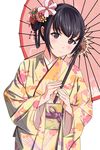  bangs black_hair blush brown_eyes eyebrows_visible_through_hair hair_bun hair_ornament highres holding holding_umbrella japanese_clothes kimono long_sleeves looking_at_viewer matsunaga_kouyou obi original parasol pink_lips print_kimono sash simple_background smile solo umbrella upper_body white_background wide_sleeves 