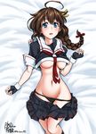  ahoge bed_sheet black_gloves black_panties blue_eyes braid breasts brown_hair fingerless_gloves gloves groin hair_flaps hair_ornament hair_ribbon highres kantai_collection koutarou_(plusdrive) long_hair looking_at_viewer lying medium_breasts navel panties pleated_skirt remodel_(kantai_collection) ribbon school_uniform serafuku shigure_(kantai_collection) single_braid skirt solo underboob underwear 