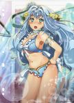  absurdres armpits bikini blue_eyes blue_hair blush breasts bubble cardfight!!_vanguard cleavage flower hair_flower hair_ornament highres jewelry kimura_shigetaka large_breasts long_hair navel official_art open_mouth ribbon shangri-la_star_coral sideboob solo sparkle swimsuit very_long_hair 