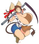  1girl borrowed_character breasts brown_hair cleavage cow_girl cow_print denim denim_shorts gigantic_breasts grin highres horns long_hair original scythe short_shorts shorts simple_background smile solo sukimi theycallhimcake thighs white_background yellow_eyes 