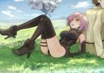  1girl :o arm_at_side arm_support back back-to-back black_footwear black_gloves black_legwear blue_sky blush brown_eyes brown_hair cloud copyright_name creature day fate/grand_order fate_(series) fou_(fate/grand_order) fujimaru_ritsuka_(male) gloves grass hair_over_one_eye high_heels hinoshita_akame leaning_back leotard mash_kyrielight mountain on_ground open_mouth out_of_frame outdoors purple_hair sash shade shoes short_hair sky sleeveless sweat thigh_strap thighhighs twitter_username 