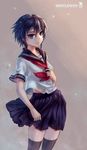  black_hair blue_eyes expressionless highres looking_at_viewer pleated_skirt school_uniform serafuku short_hair skirt solo thighhighs wox zettai_ryouiki 