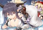  1girl antenna_hair ass breasts cleavage danua doll dress fingerless_gloves gloves granblue_fantasy grey_hair hidaka horn_ornament horns large_breasts long_hair parted_lips pointy_ears red_eyes shiny shiny_hair solo thumb_to_mouth top-down_bottom-up 