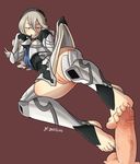  1girl armor bardan barefoot blush corrin_(fire_emblem) feet fire_emblem fire_emblem_if footjob hairband kamui_(fire_emblem) looking_at_viewer my_unit_(fire_emblem_if) no_panties on_side penis pussy red_eyes skirt_lift solo_focus toeless_legwear toes uncensored wet_pussy 