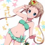  bikini blonde_hair blue_eyes blush chuunibyou_demo_koi_ga_shitai! dekomori_sanae grin halter_top halterneck long_hair looking_at_viewer midriff navel ragho_no_erika smile solo swimsuit twintails v 